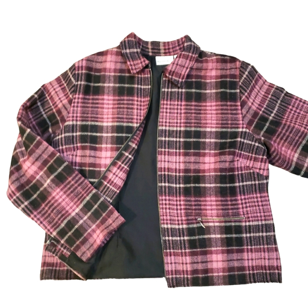 Wool Blend Plaid Zip Up Shacket Cranberry Wine Fashion Bug Shirt Jacket Women XL